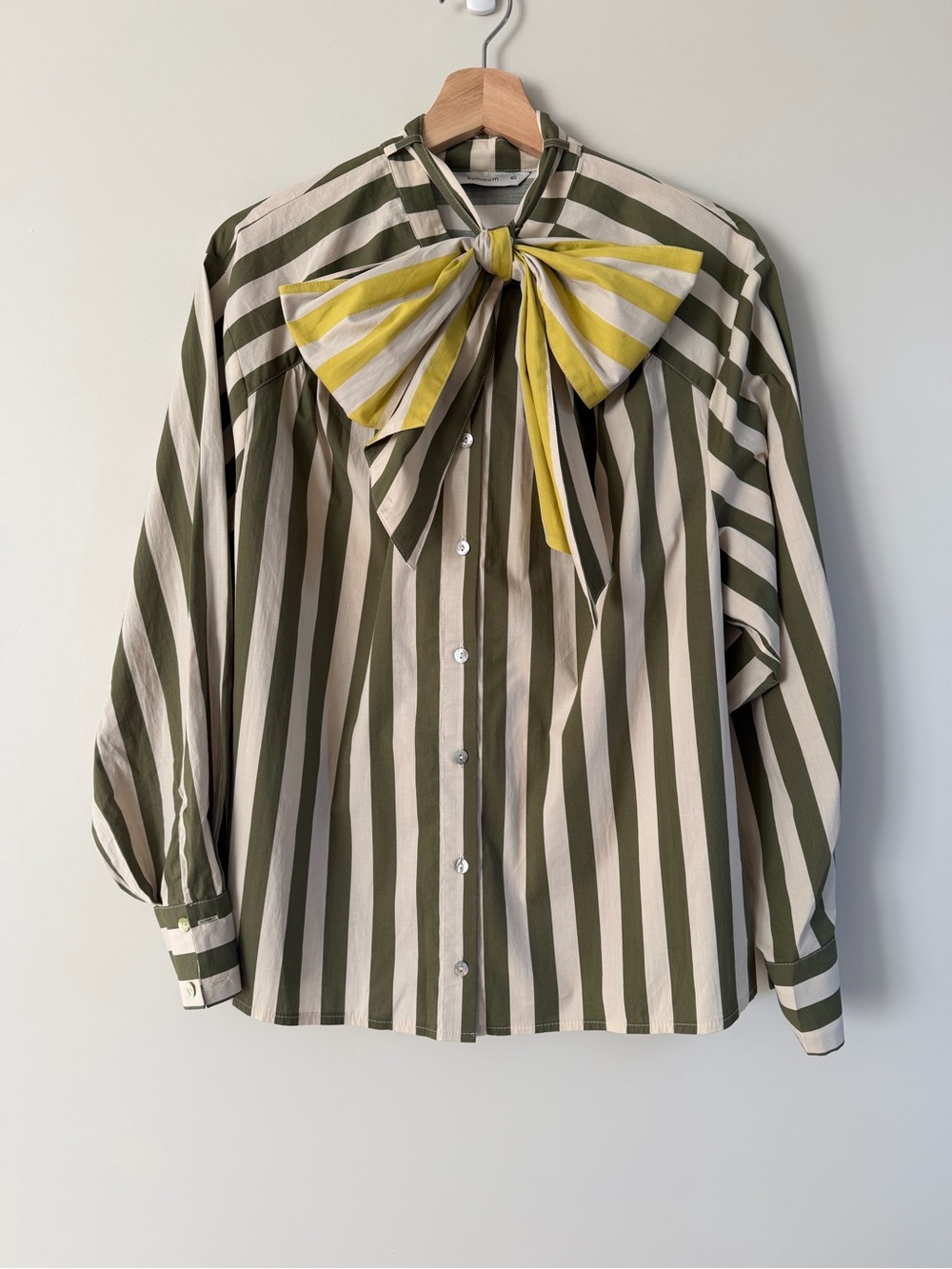 Summum Striped Tie-Neck Blouse in Olive and Cream with Yellow Accent